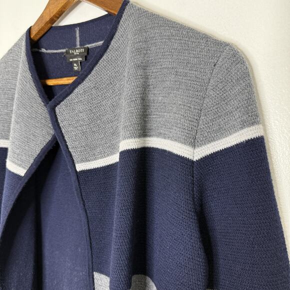 Talbots Sweater Womens Medium Petite Navy Gray Merino Wool Striped Cardigan - Picture 2 of 6